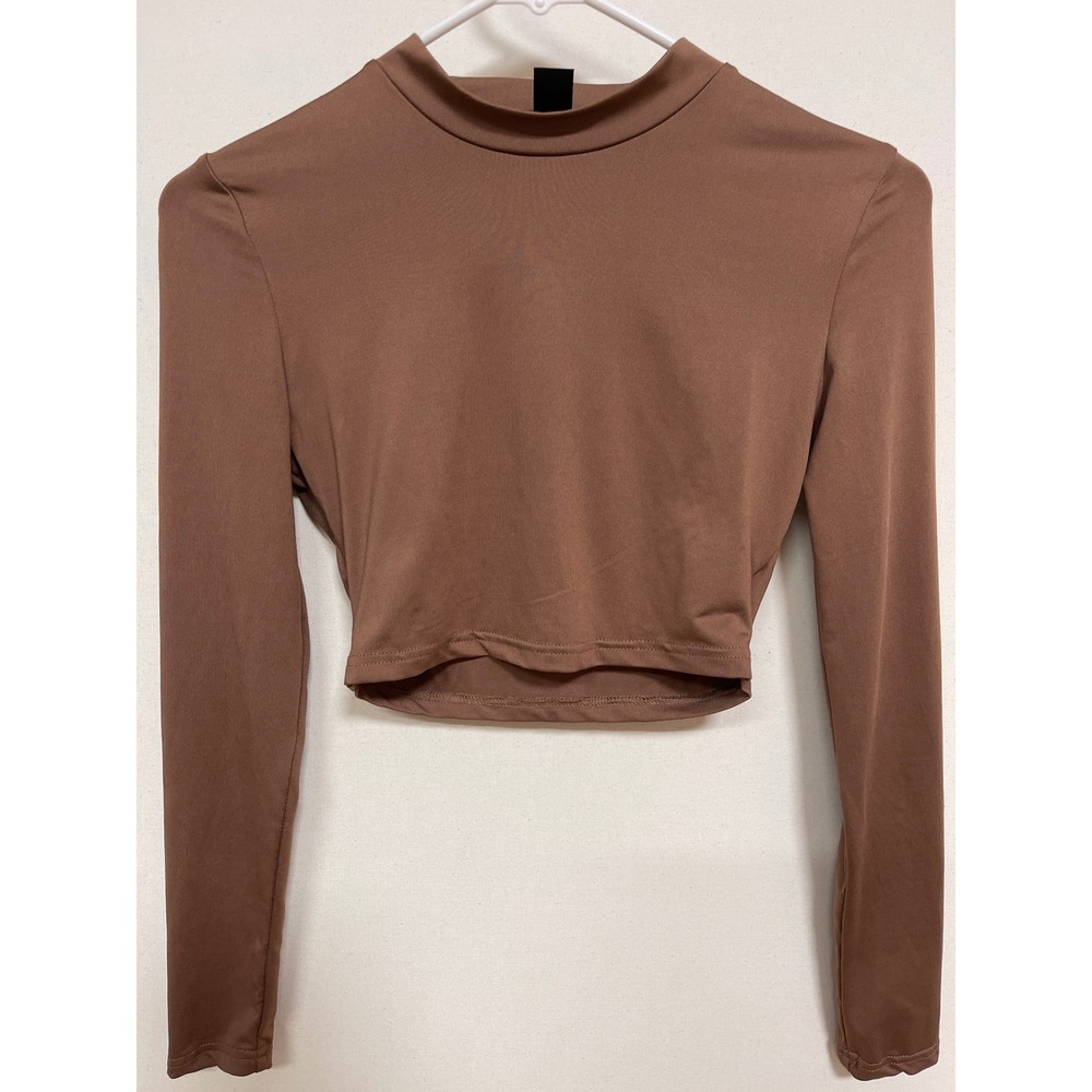 Shein Brown Mock Neck Long Sleeve Crop Top Size XS 2